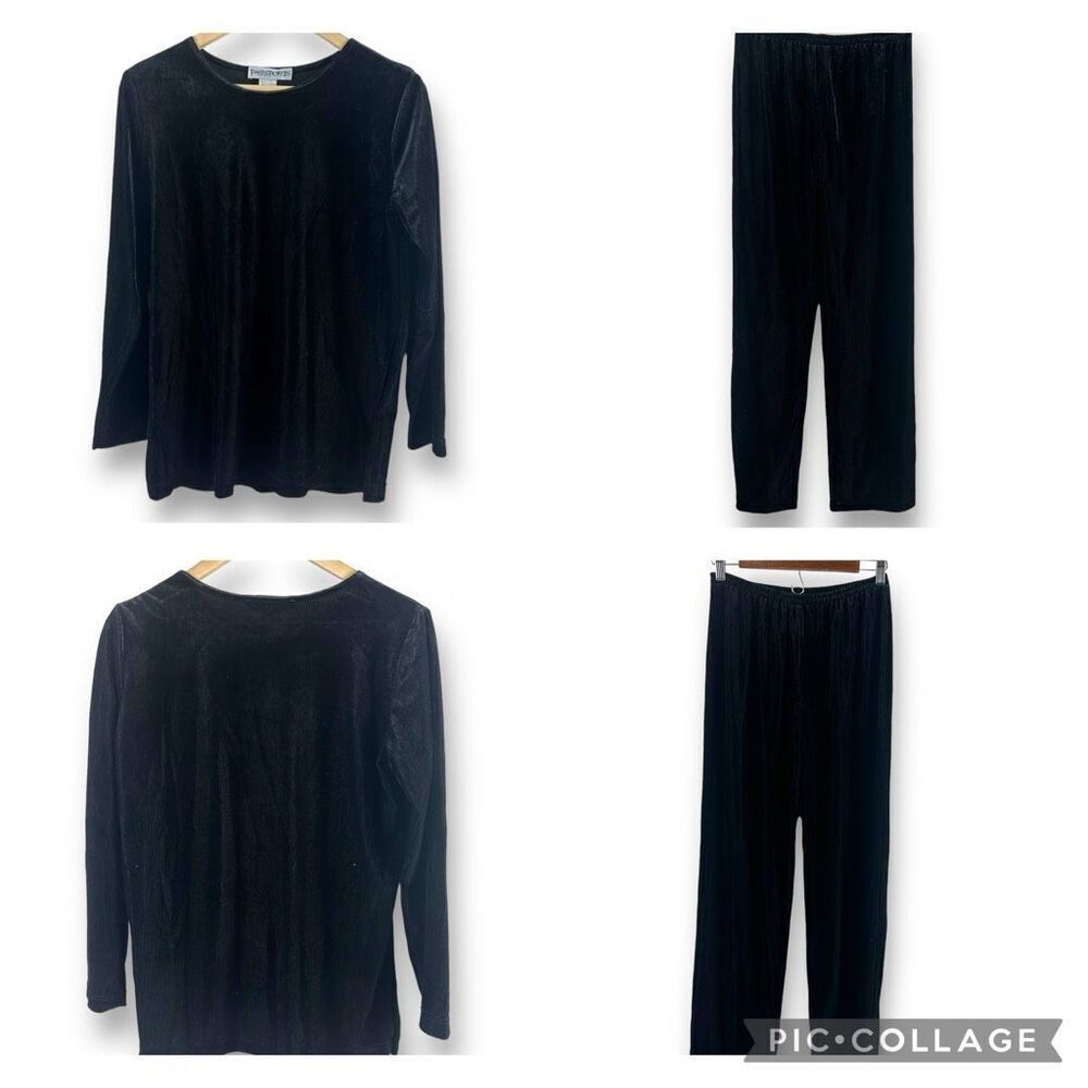 Vintage Passports Women's‎ S Crushed Velvet Pajama Set Black Ribbed Loungewear